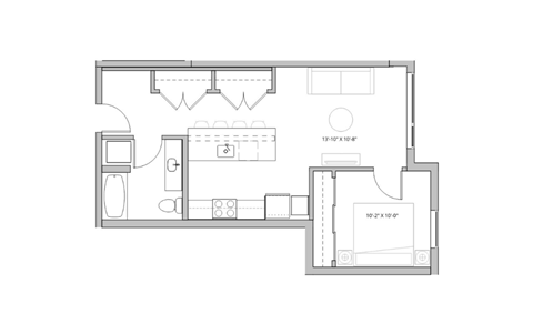 Floor plan for 1 bed, 1 bath, 658 sqft